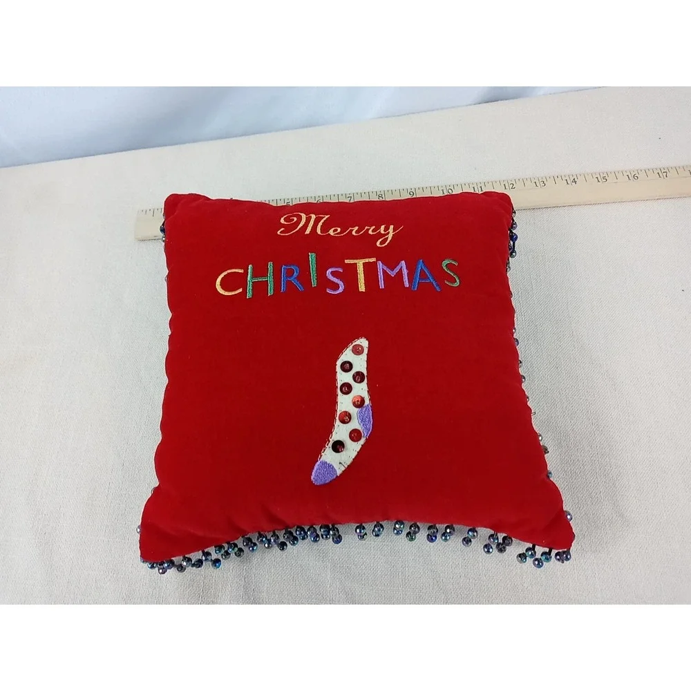 VTG Red Beaded Velvet Pillow Merry Christmas Small Sequin‎ Stocking Throw Pillow
